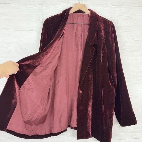 Eileen Fisher Silk Blend Velvet Blazer Jacket Medium Burgundy Pockets Holiday - Picture 7 of 16